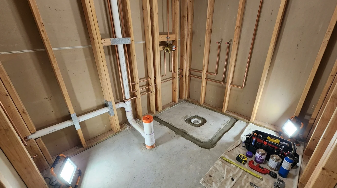 Bathroom rough-in plumbing during remodel by Johns Plumbing LLC in Pendleton