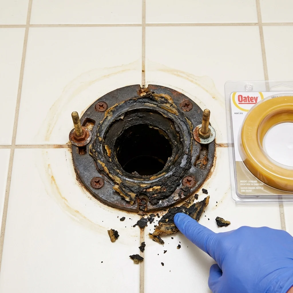 Failed wax ring showing water seepage at the base of a toilet in a Pendleton, IN home