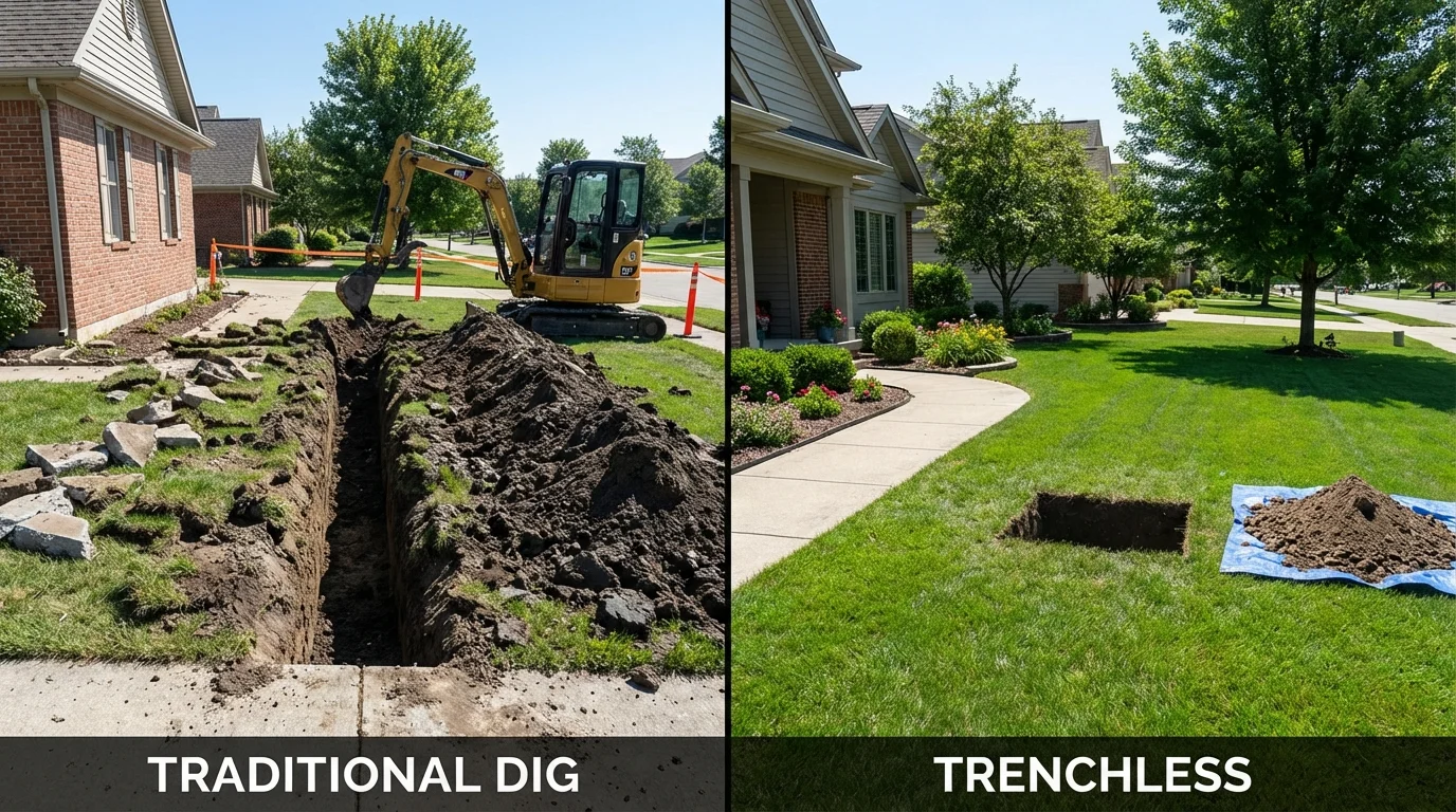 Trenchless sewer repair with minimal yard damage versus traditional excavation in Pendleton, IN