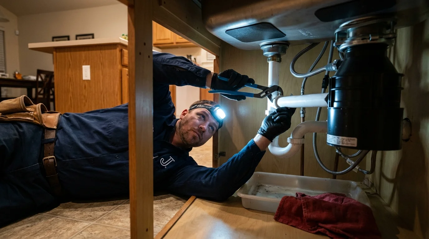 P-trap and supply line connections under a kitchen sink showing a common leak point in Pendleton, IN
